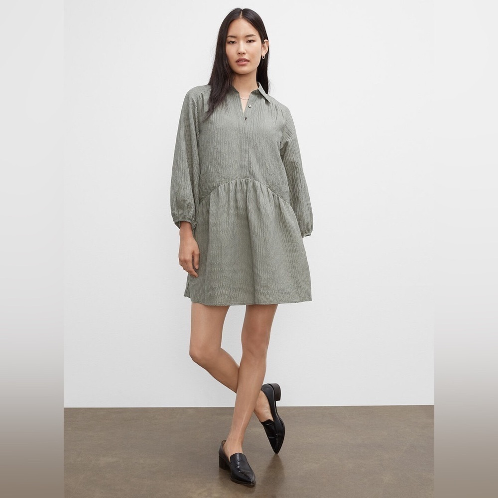 Club Monaco Puff Sleeve Half Button Down Mini Shirt Dress Color Seaspray size XS